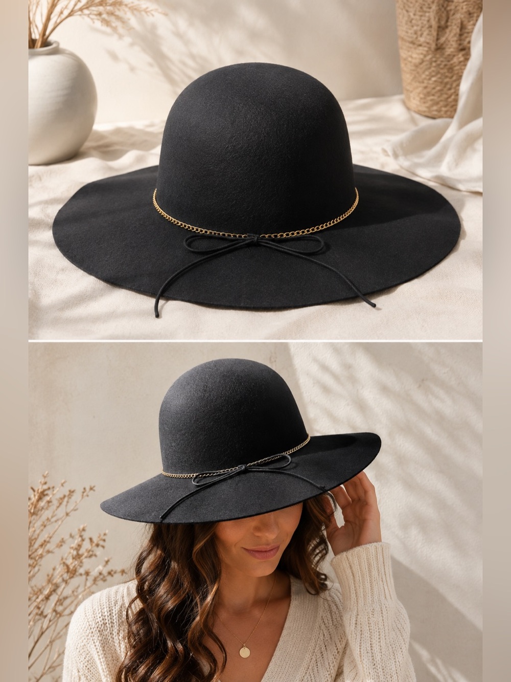Women’s Charcoal Black Wide Brim Hat Gold Chain Bow NWT/NEW